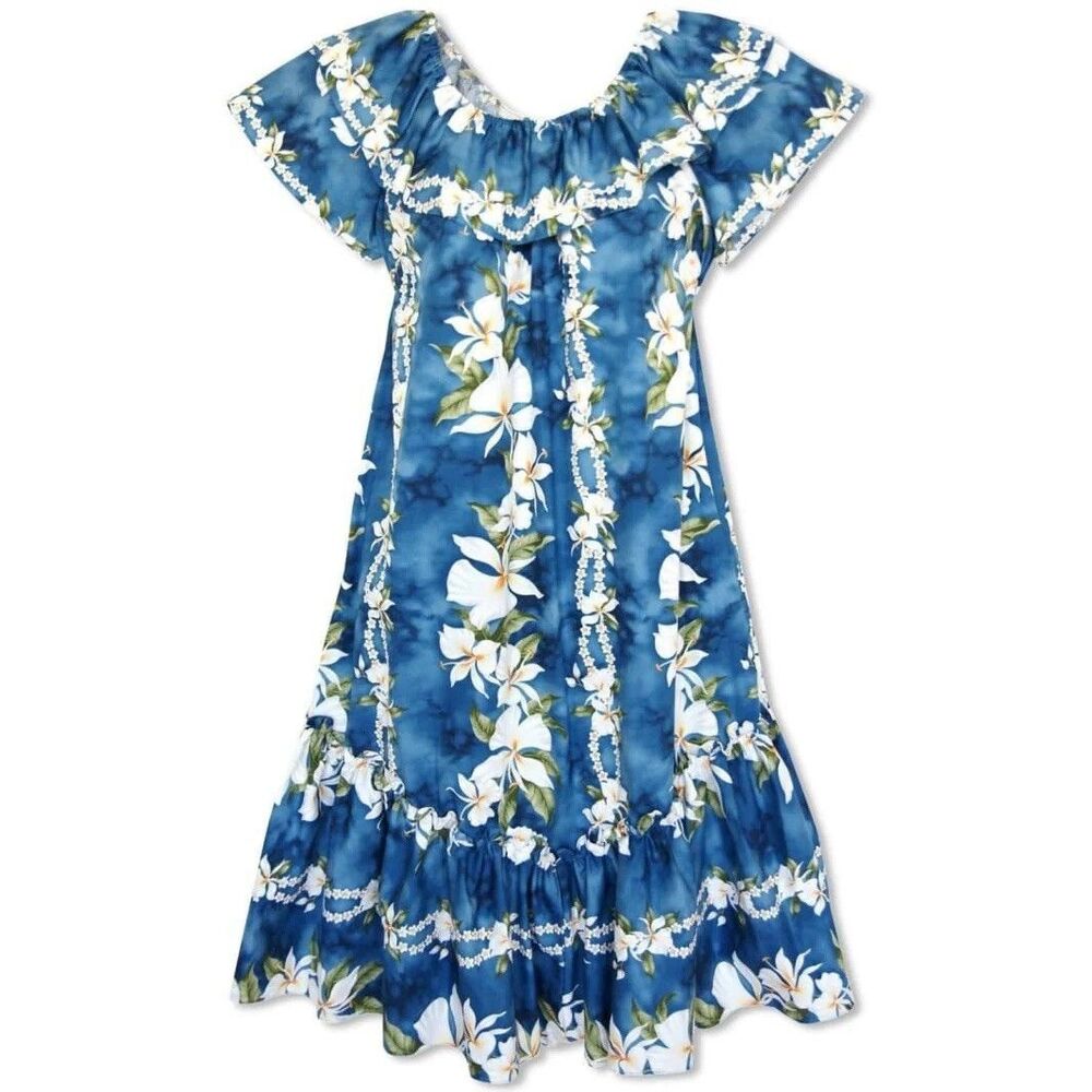 VINTAGE JADE FASHIONS BLUE SZ S FLORAL LEI ELASTIC NECKLINE LONG HAWAIIAN DRESS